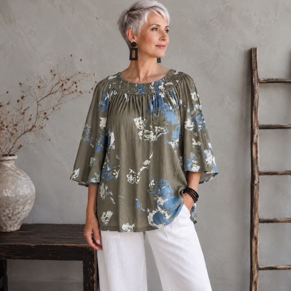 Adolfo Dominguez Tan Blue Floral Cotton 3/4 Sleeve  Top 40